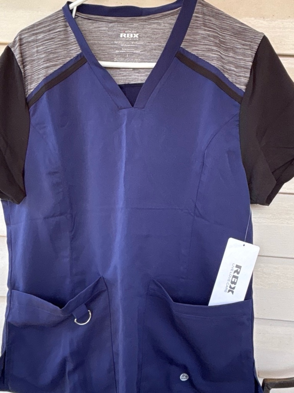 RBX Heather Gray and Navy V-Neck Scrub Top